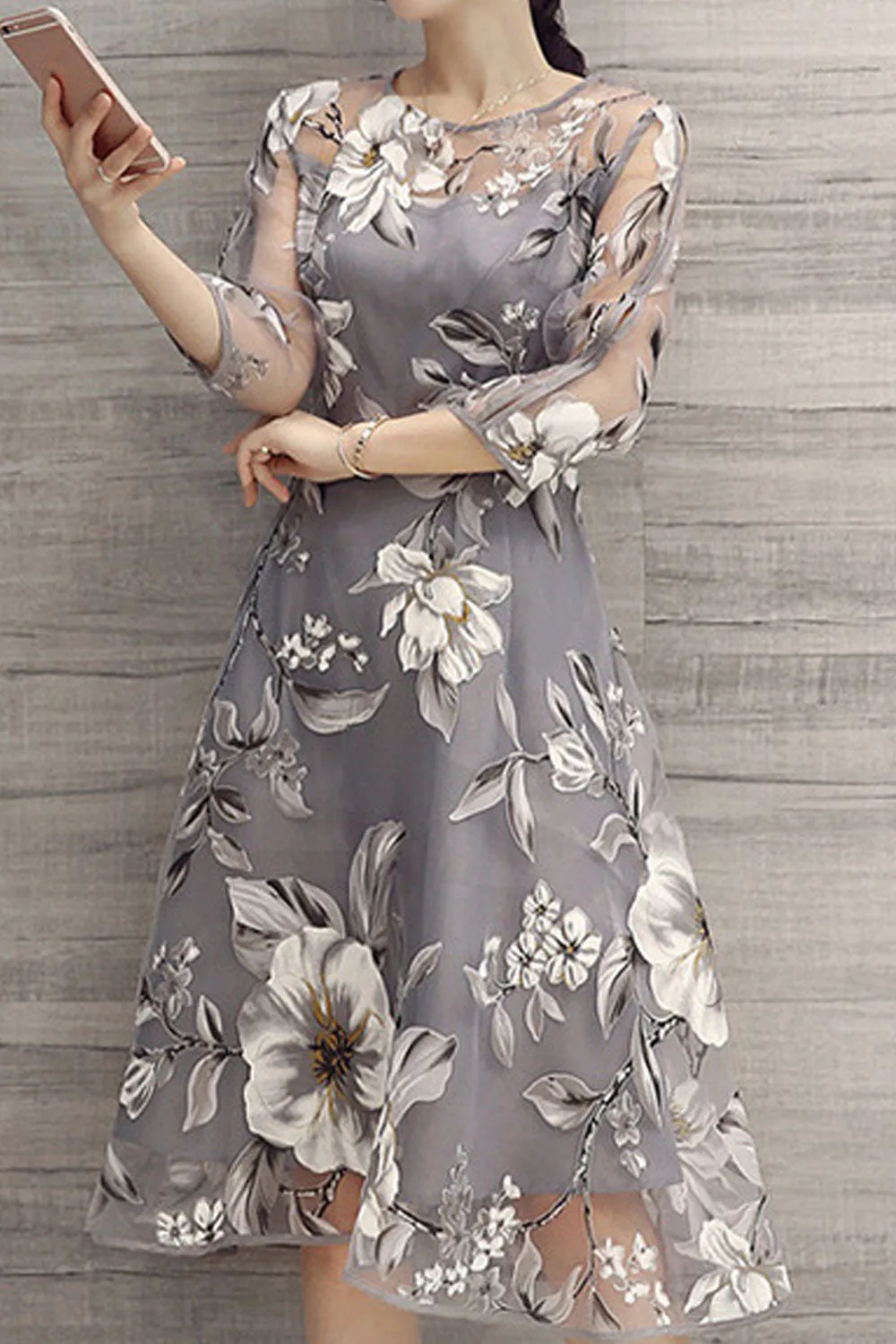 Women Round Neck 3/4 Sleeve Printed Dress - C1360ZBD