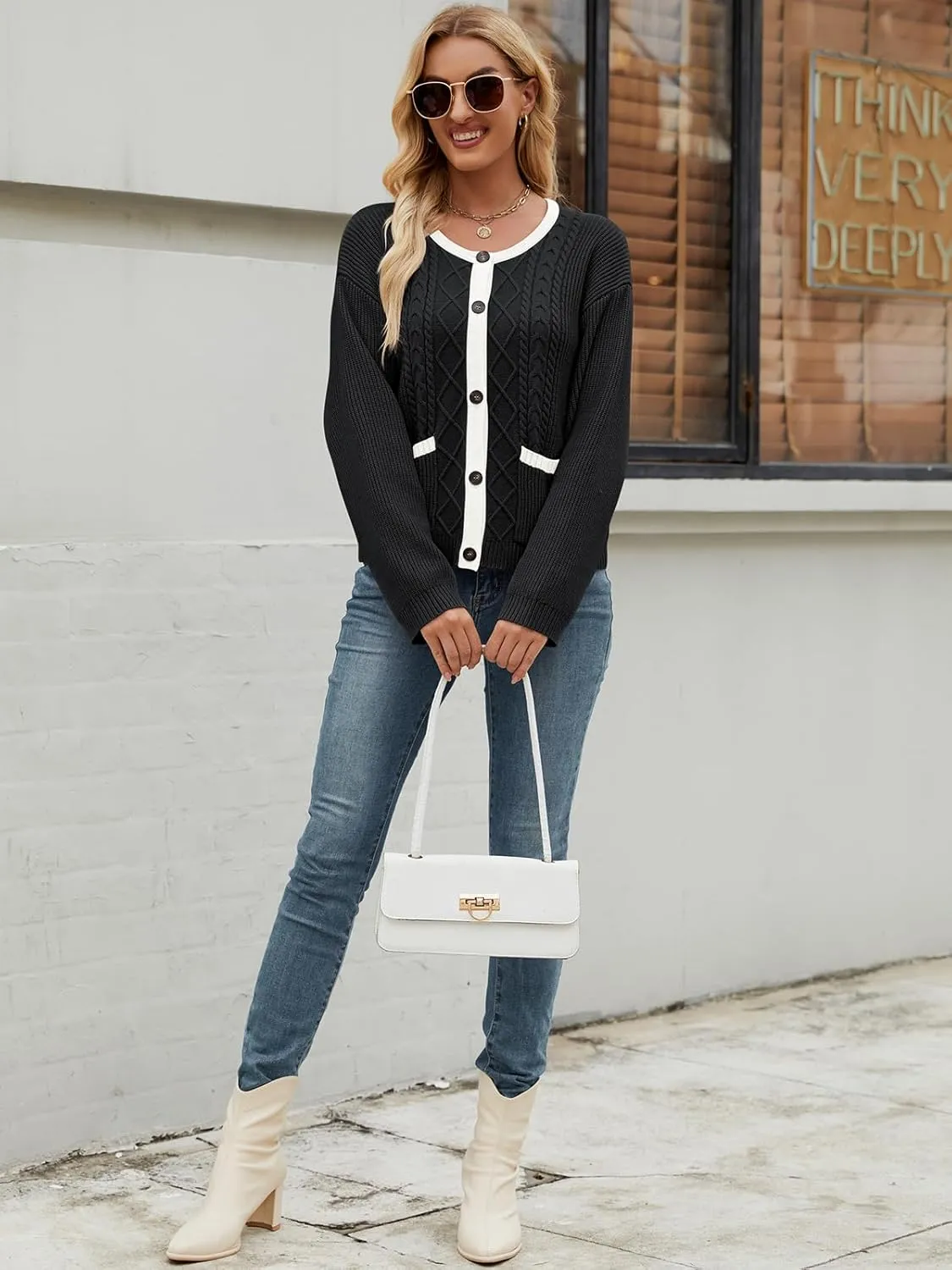 Women's 2024 Long Sleeve Knit Oversized Cardigan Crewneck Open Front Button Sweater Outerwear with Pockets