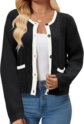 Women's 2024 Long Sleeve Knit Oversized Cardigan Crewneck Open Front Button Sweater Outerwear with Pockets