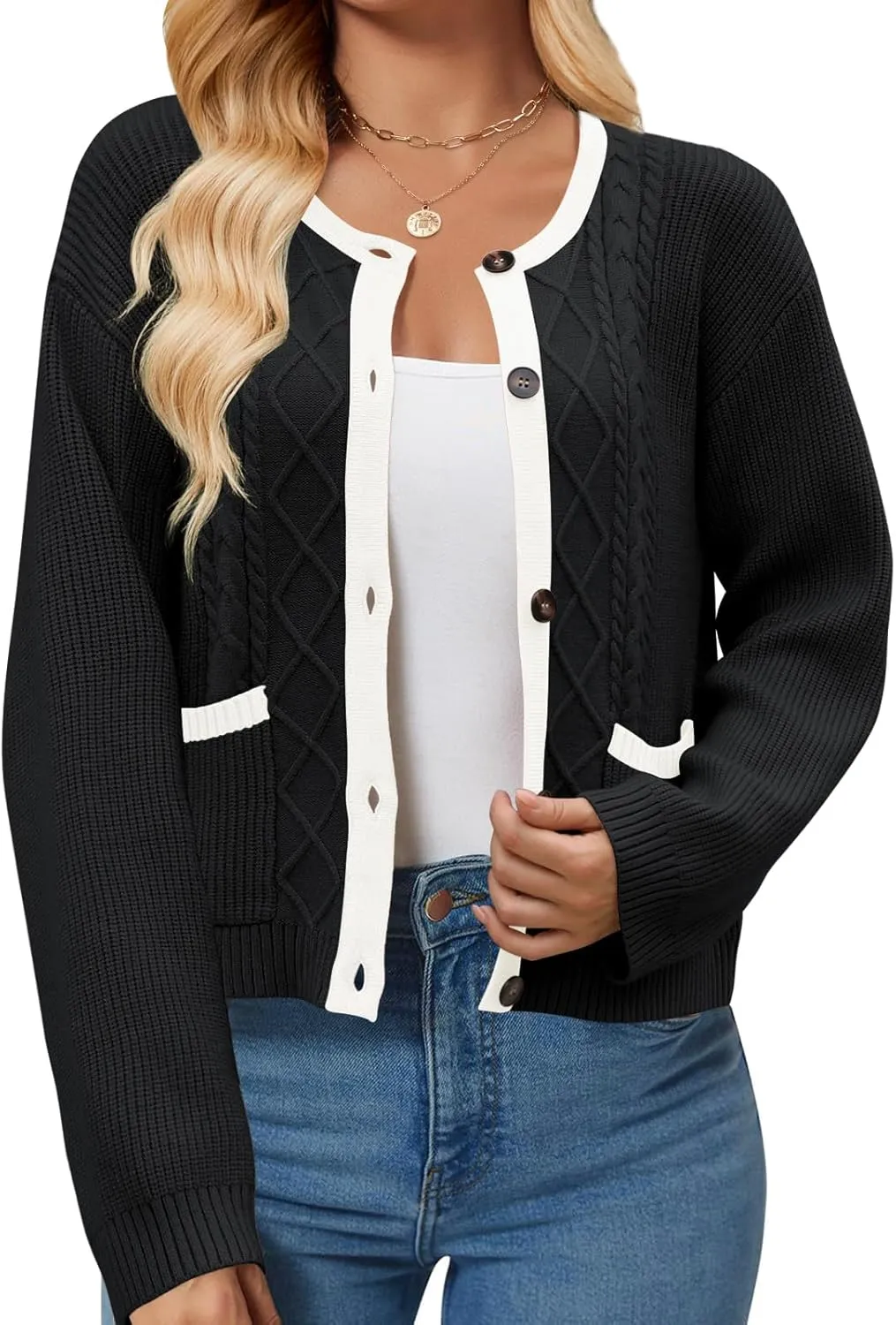 Women's 2024 Long Sleeve Knit Oversized Cardigan Crewneck Open Front Button Sweater Outerwear with Pockets