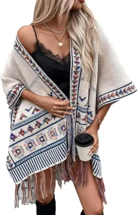 Women's Boho Open Front Poncho Casual Loose Knitted Shawl Wraps Cape Tassel Aztec Cardigan Sweater for Fall Winter