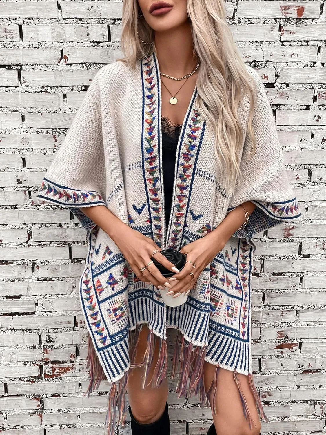 Women's Boho Open Front Poncho Casual Loose Knitted Shawl Wraps Cape Tassel Aztec Cardigan Sweater for Fall Winter