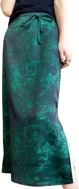 Women's Chinese Style Silk Satin Pencil Skirt,High Waist Vintage Split Midi Skirt for Summer