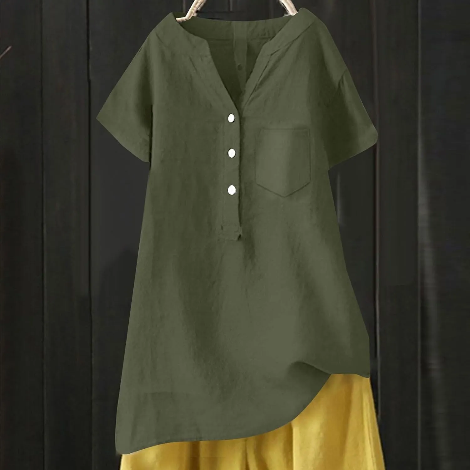 Womens Cotton Linen Button Down Shirts Summer Dressy Blouse Long Sleeve V Neck Loose Gauze Tops Casual Tunic T-Shirts