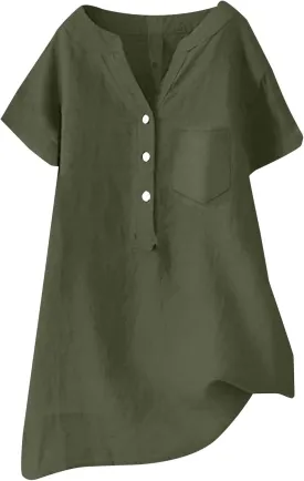 Womens Cotton Linen Button Down Shirts Summer Dressy Blouse Long Sleeve V Neck Loose Gauze Tops Casual Tunic T-Shirts