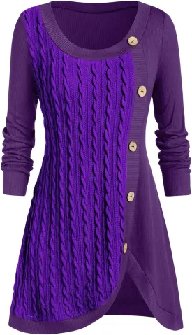 Women's Crewneck Cable Knit Sweater Dress Plus Size Long Sleeve Asymmetric Hem Patchwork Tunic Dresses Pullover Skirts
