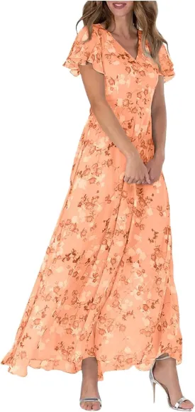 Womens Floral Chiffon Maxi Dress Summer V Neck Short Sleeve Boho Wedding Guest Dress Empire Waist Modest Midi Dresses