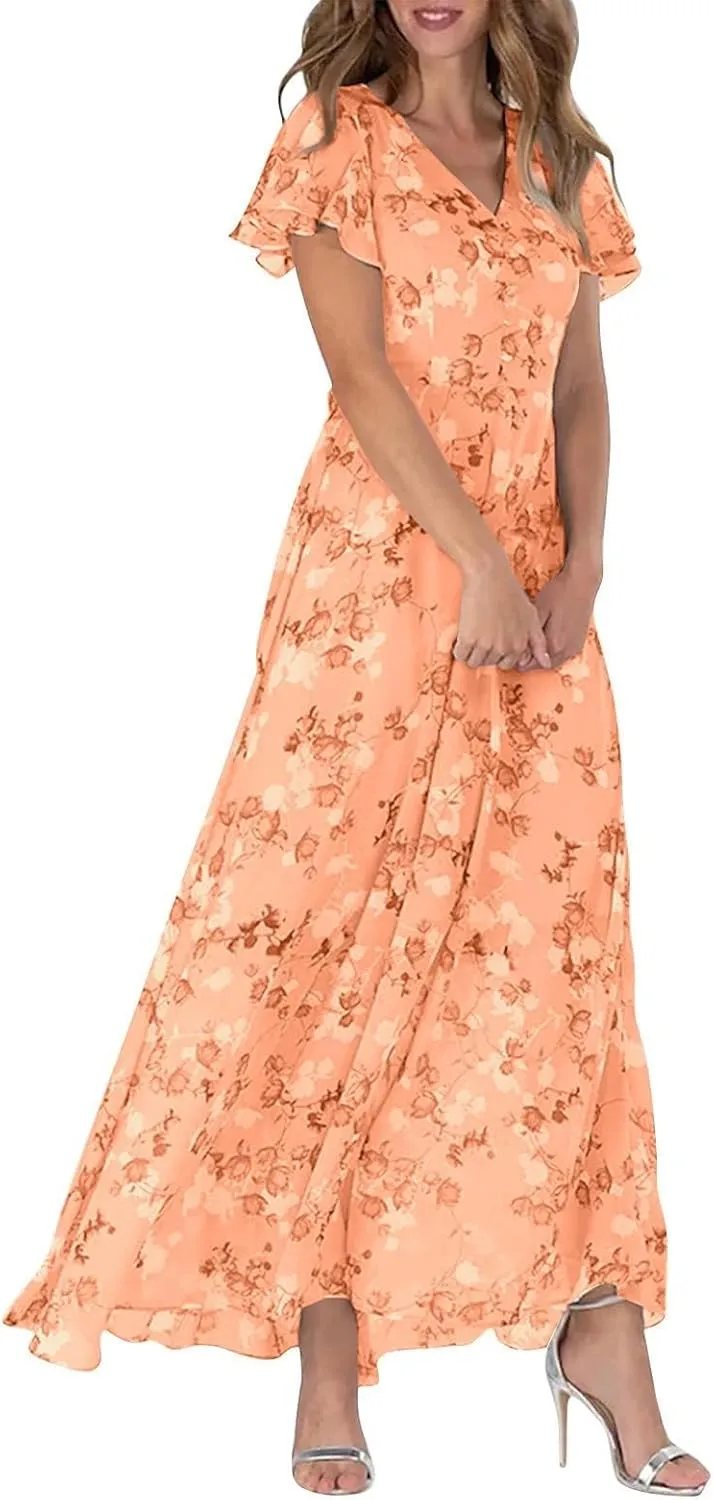 Womens Floral Chiffon Maxi Dress Summer V Neck Short Sleeve Boho Wedding Guest Dress Empire Waist Modest Midi Dresses