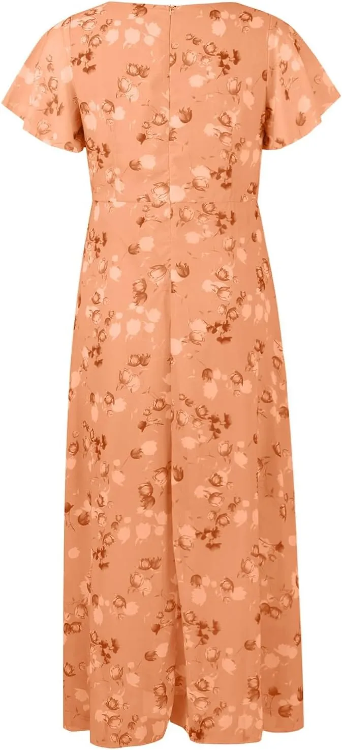 Womens Floral Chiffon Maxi Dress Summer V Neck Short Sleeve Boho Wedding Guest Dress Empire Waist Modest Midi Dresses