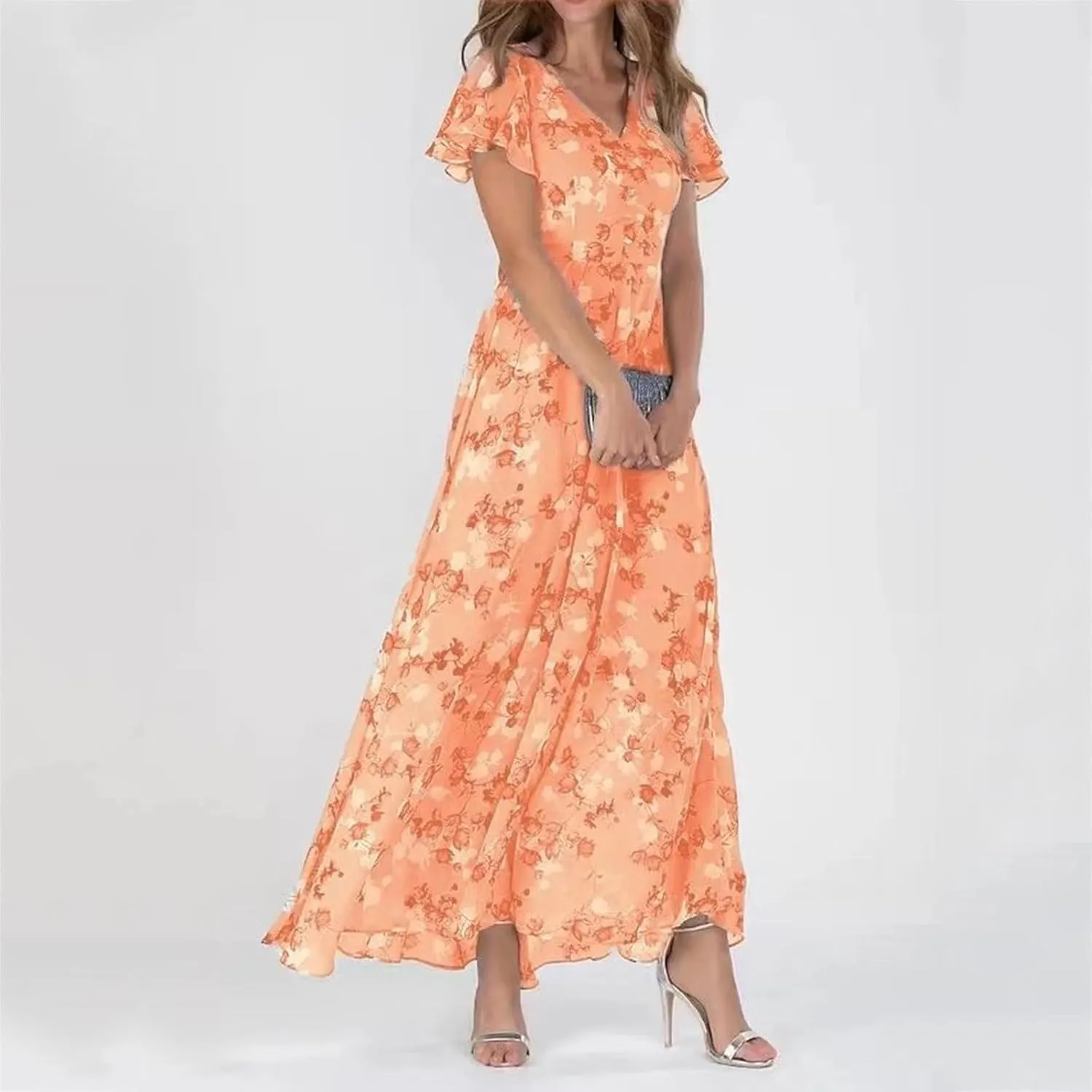 Womens Floral Chiffon Maxi Dress Summer V Neck Short Sleeve Boho Wedding Guest Dress Empire Waist Modest Midi Dresses