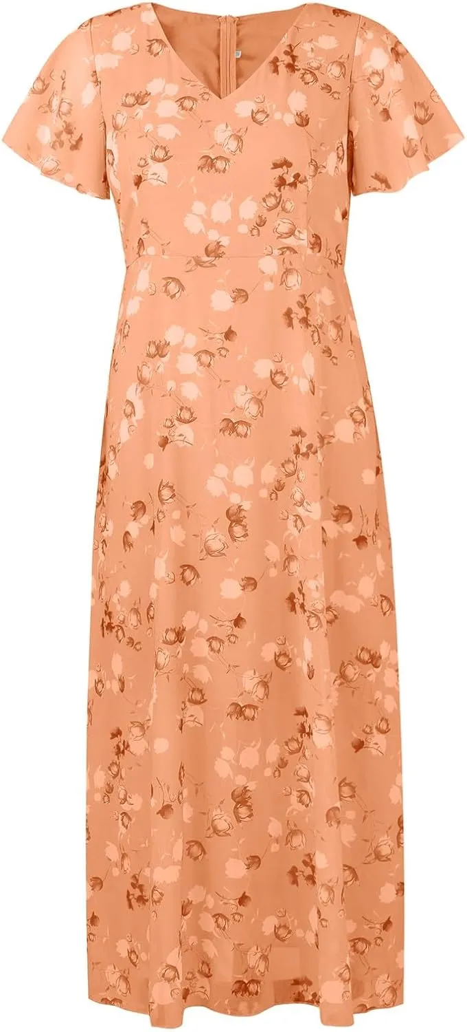 Womens Floral Chiffon Maxi Dress Summer V Neck Short Sleeve Boho Wedding Guest Dress Empire Waist Modest Midi Dresses