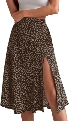 Womens Floral Midi Skirts Summer Print Elastic High Waisted Split Hem Skorts Fashion Flowy Tunic A Line Skirts 2025