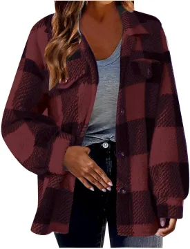 Women's Fuzzy Fleece Plaid Shacket Jacket Checkered Button Down Long Sleeve Shirts Jacket Wth Flap Pockets Plus Size