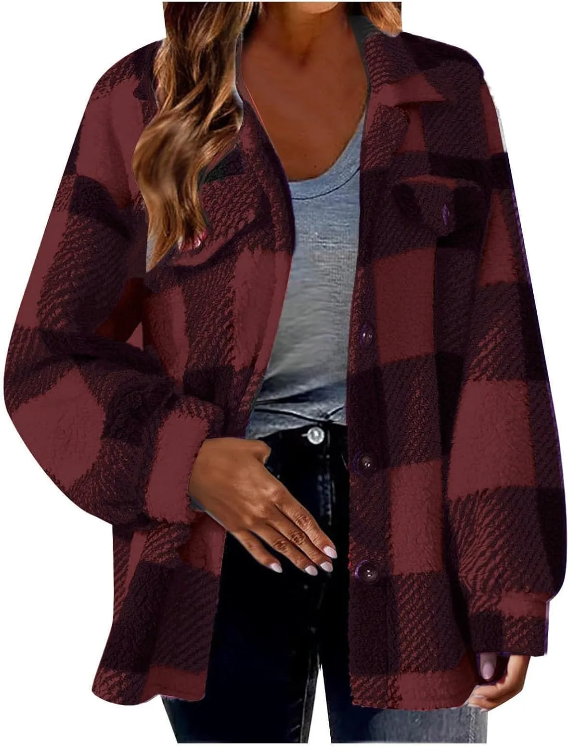 Women's Fuzzy Fleece Plaid Shacket Jacket Checkered Button Down Long Sleeve Shirts Jacket Wth Flap Pockets Plus Size