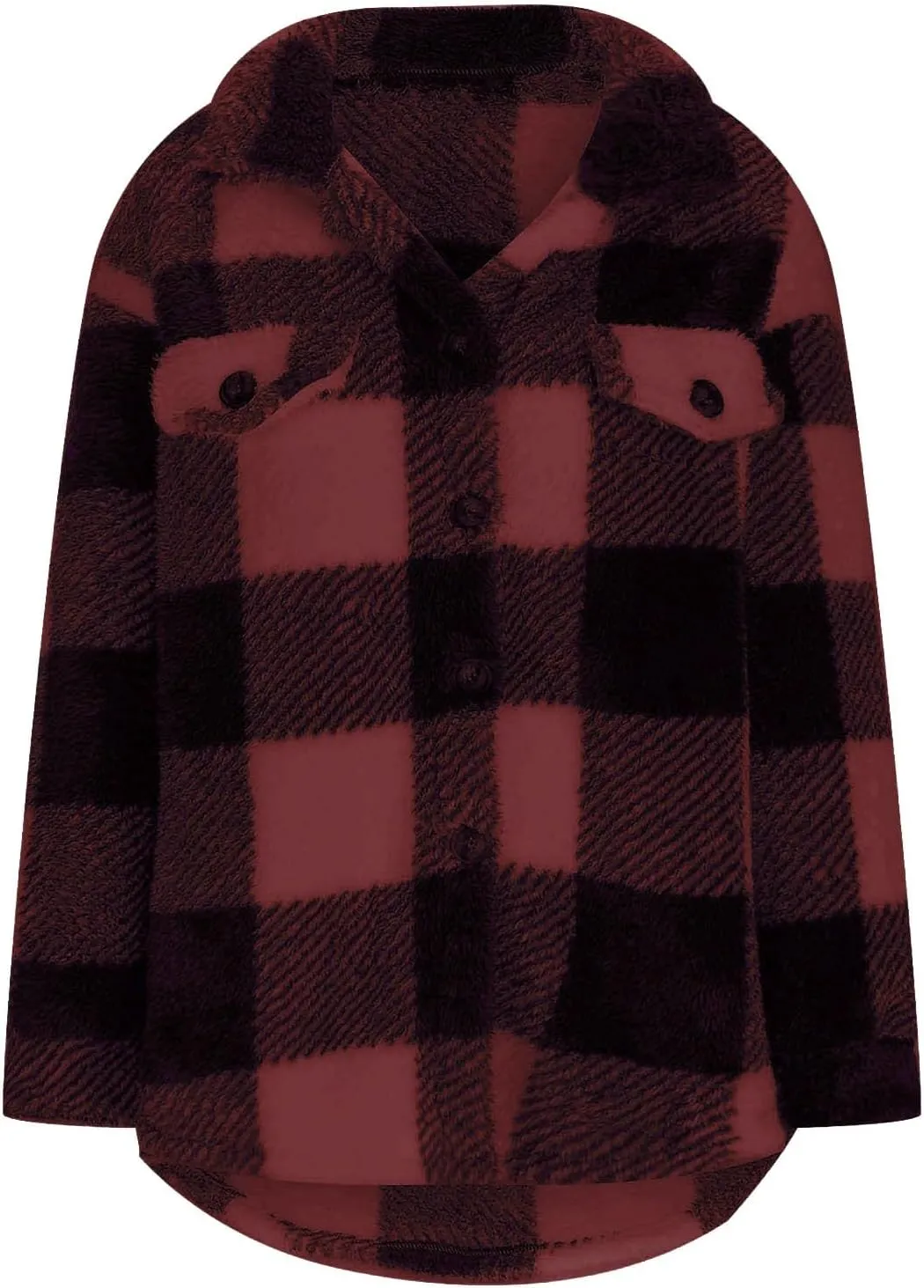 Women's Fuzzy Fleece Plaid Shacket Jacket Checkered Button Down Long Sleeve Shirts Jacket Wth Flap Pockets Plus Size