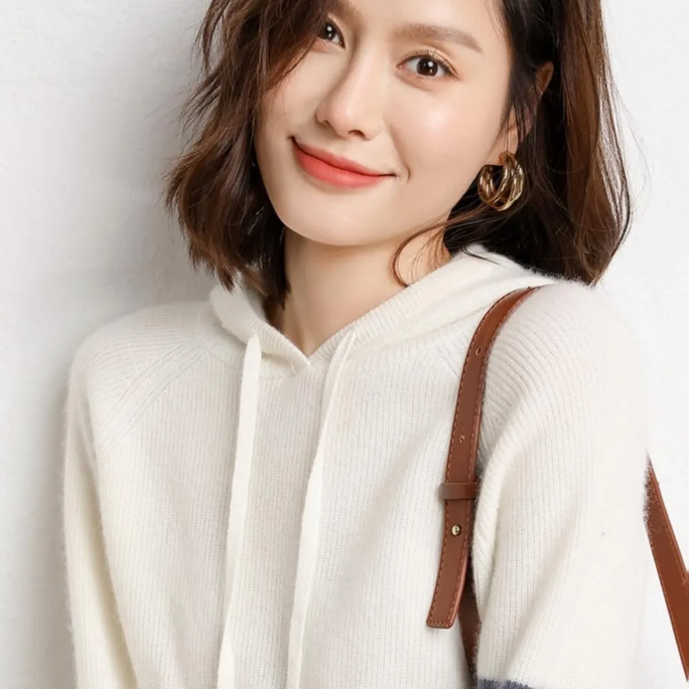 Women's Long Sleeve Hoodie Cashmere and Wool Blend Pullover Tops Sweater