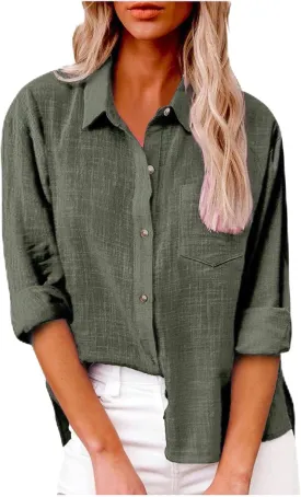 Womens Long Sleeve Shirt Casual Work Office Blouse Top Cotton Linen Button Up Shirts Spring Summer Blouses