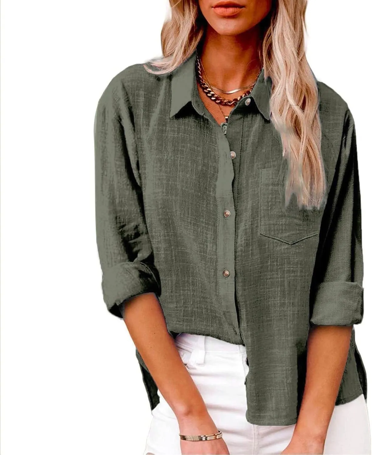 Womens Long Sleeve Shirt Casual Work Office Blouse Top Cotton Linen Button Up Shirts Spring Summer Blouses