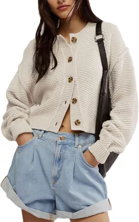 Women's Oversized Cropped Cardigan Sweater Open Front Long Sleeve Button Down Knit Outwear