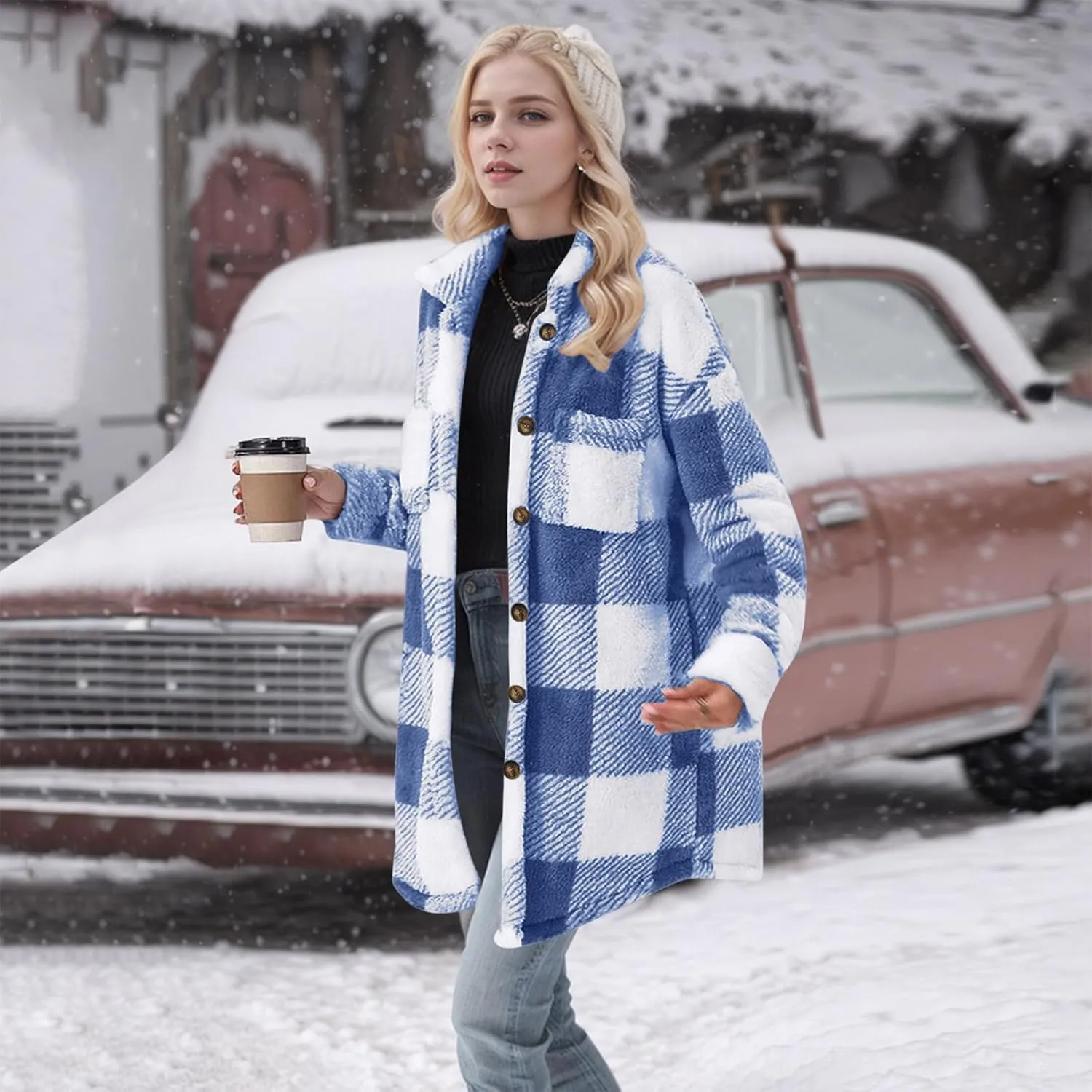 Womens Sherpa Jacket Lapel Button Flannel Jacket Shacket Soft Comfy Plaid Jacket Fleece Long Teddy Coat with Pockets