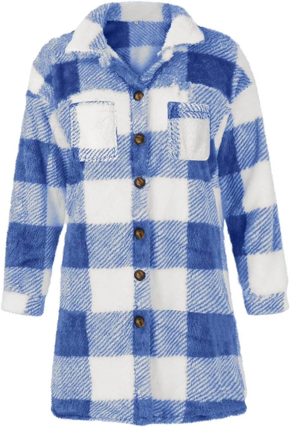 Womens Sherpa Jacket Lapel Button Flannel Jacket Shacket Soft Comfy Plaid Jacket Fleece Long Teddy Coat with Pockets
