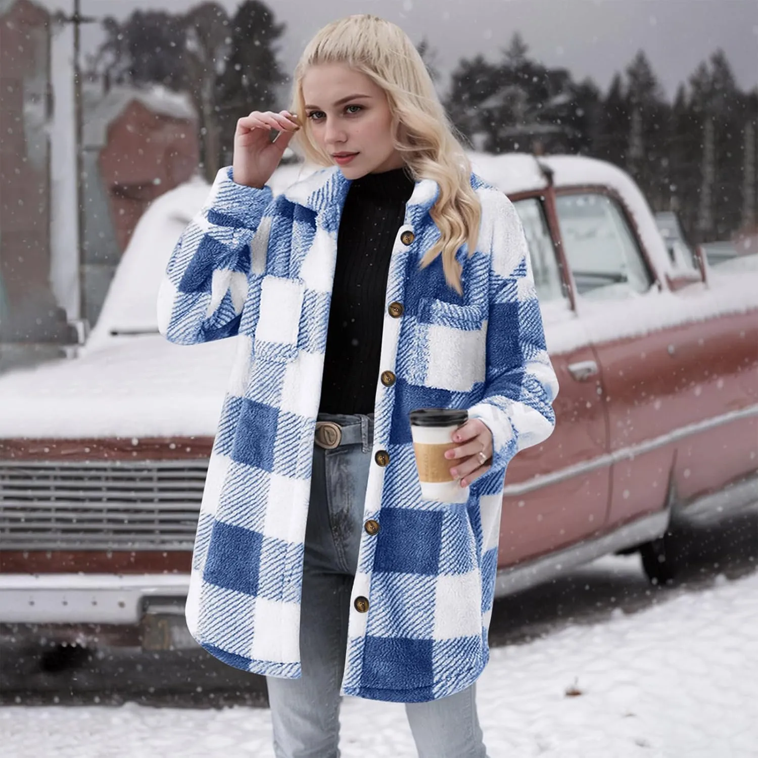Womens Sherpa Jacket Lapel Button Flannel Jacket Shacket Soft Comfy Plaid Jacket Fleece Long Teddy Coat with Pockets