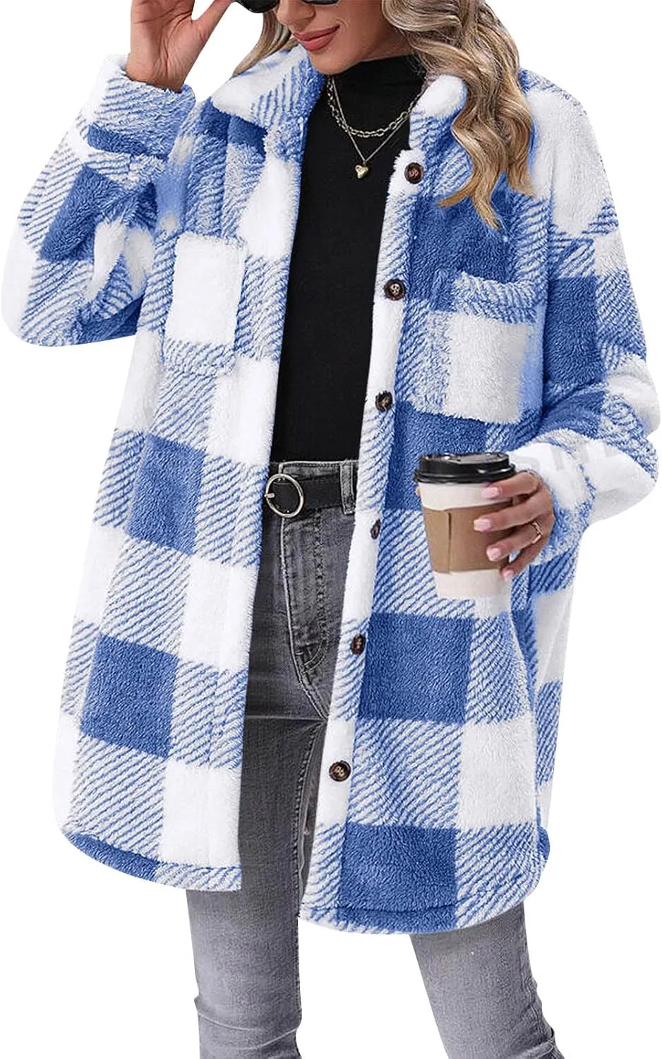 Womens Sherpa Jacket Lapel Button Flannel Jacket Shacket Soft Comfy Plaid Jacket Fleece Long Teddy Coat with Pockets