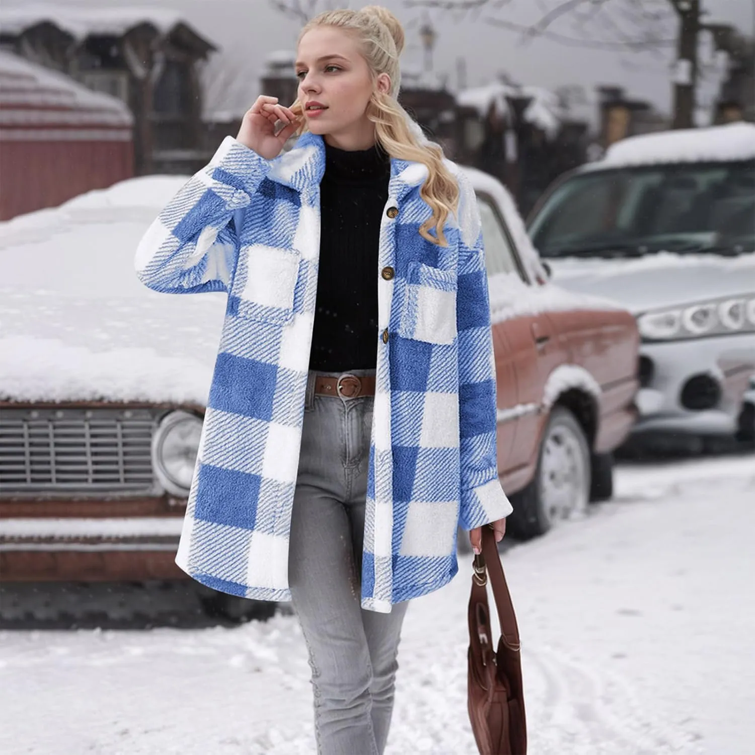 Womens Sherpa Jacket Lapel Button Flannel Jacket Shacket Soft Comfy Plaid Jacket Fleece Long Teddy Coat with Pockets