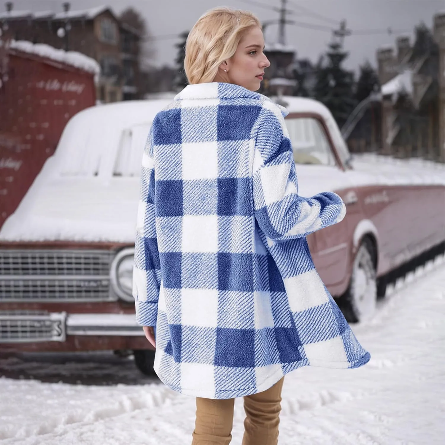 Womens Sherpa Jacket Lapel Button Flannel Jacket Shacket Soft Comfy Plaid Jacket Fleece Long Teddy Coat with Pockets