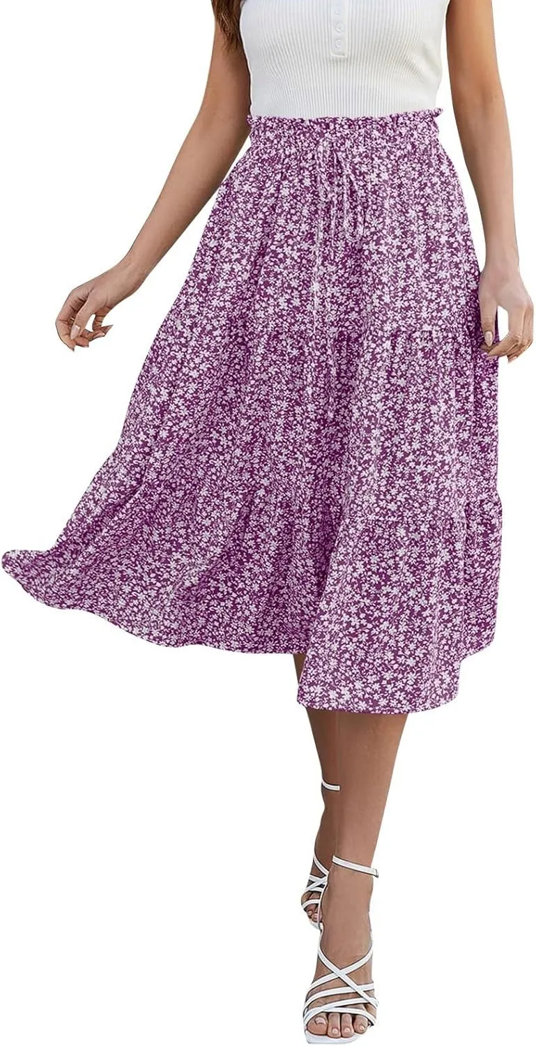 Women's Skirts Women's Summer Comfy Causal Elastic High Waisted Skirts Casual Floral Print A Line Skirt
