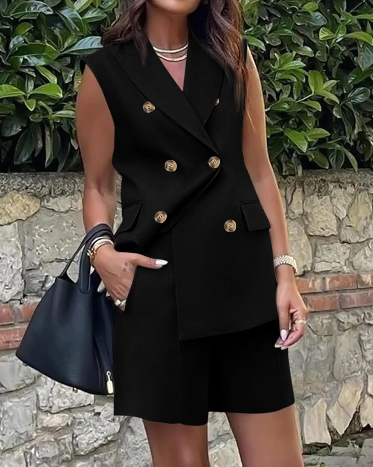Women's Sleeveless Suit Jacket Vest Shorts Suit Lapel V-Neck Button Office 2 Piece Sets Business Casual Outfits Suits