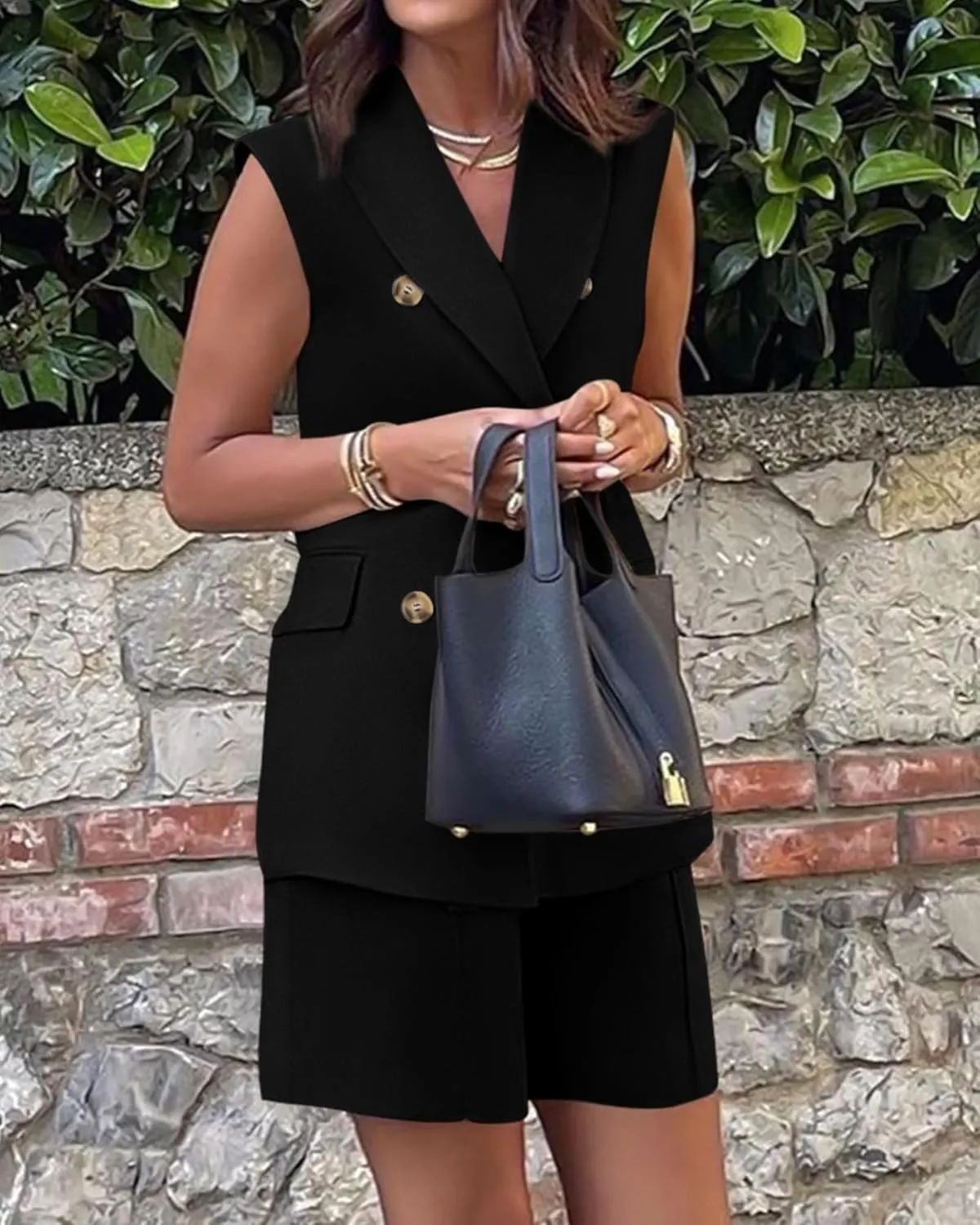 Women's Sleeveless Suit Jacket Vest Shorts Suit Lapel V-Neck Button Office 2 Piece Sets Business Casual Outfits Suits