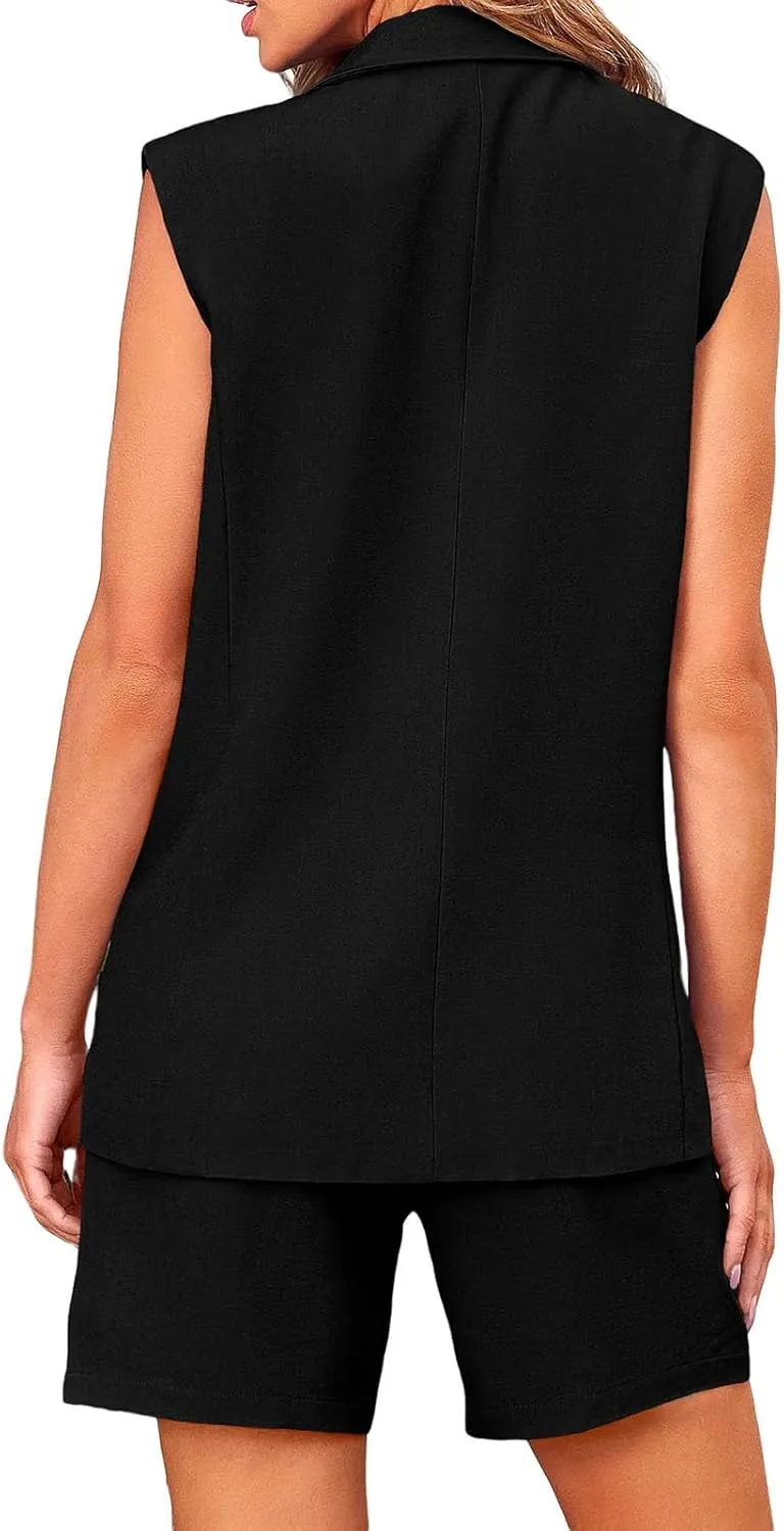 Women's Sleeveless Suit Jacket Vest Shorts Suit Lapel V-Neck Button Office 2 Piece Sets Business Casual Outfits Suits