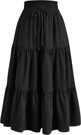 Womens Summer Casual A-Line Long Skirt Tiered High Waist Beach Outfits Elastic Waist Bohemian Print Maxi Skirt