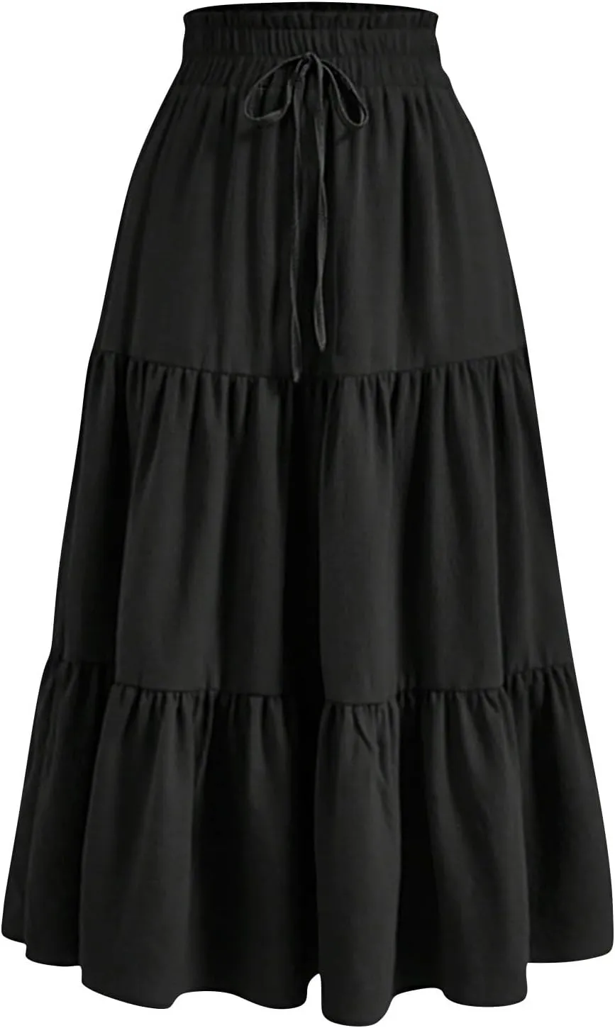 Womens Summer Casual A-Line Long Skirt Tiered High Waist Beach Outfits Elastic Waist Bohemian Print Maxi Skirt