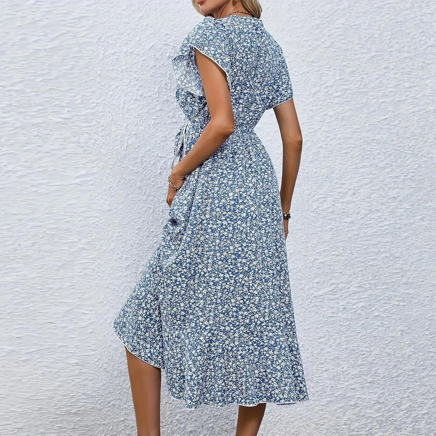 Womens Summer Dress V Neck Midi Dresses Fashion Casual Fit Flowy Tiered Boho Beach Vacation Sundress