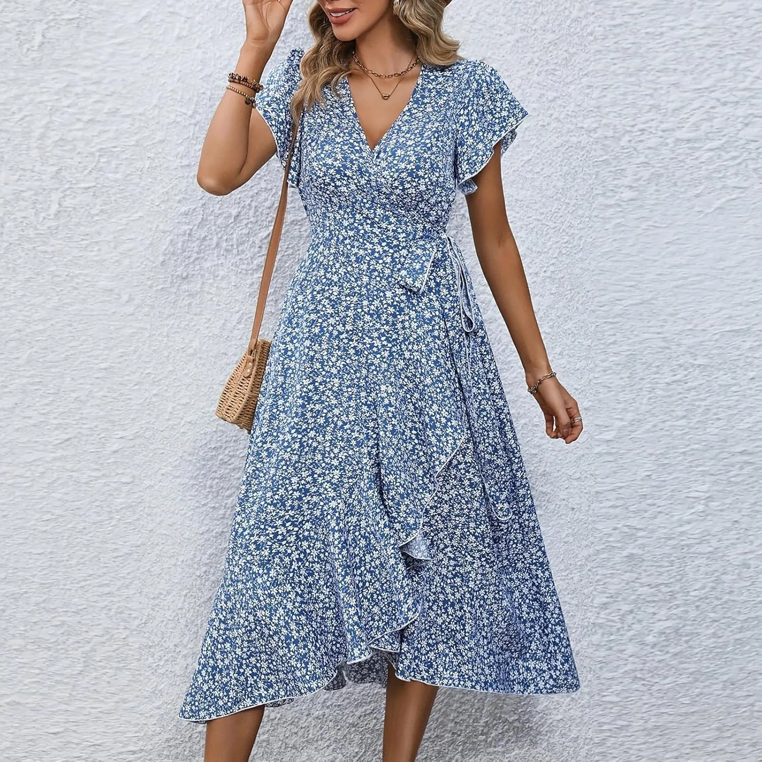 Womens Summer Dress V Neck Midi Dresses Fashion Casual Fit Flowy Tiered Boho Beach Vacation Sundress