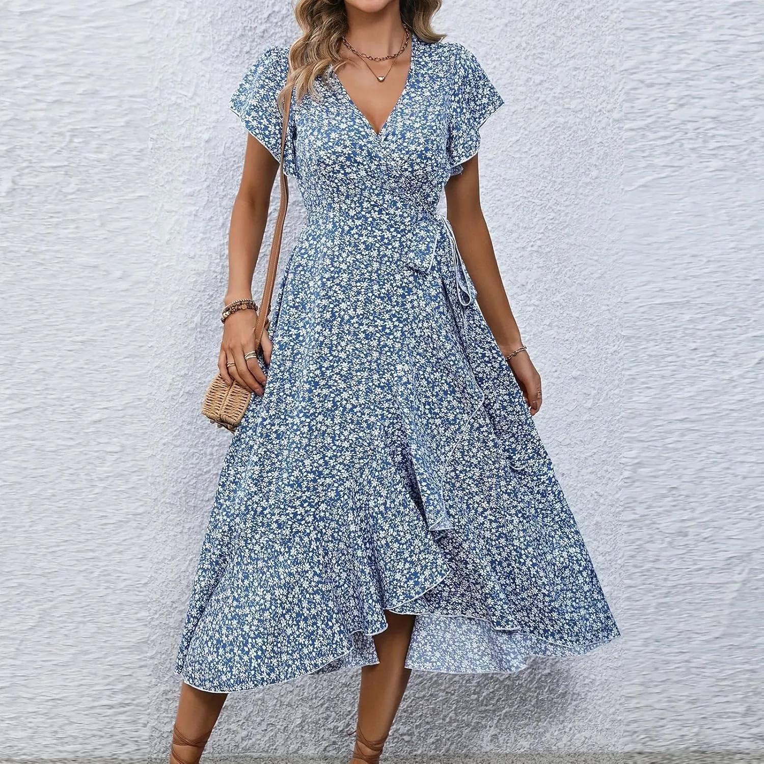 Womens Summer Dress V Neck Midi Dresses Fashion Casual Fit Flowy Tiered Boho Beach Vacation Sundress