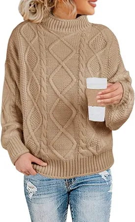 Womens Turtleneck Oversized Pullover Sweaters Cable Knit Batwing Long Sleeve Loose Fit Chunky Jumper Tops