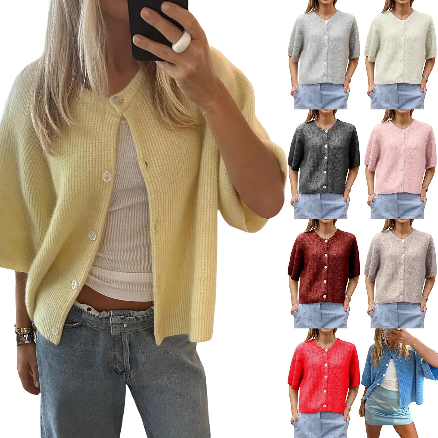 Y2k Women's Light Weight Cardigan Short Sleeve Button up Sweater Knitted Crop Top Casual Solid Knitwear Streetwear