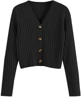 ZAFUL Women's V Neck Ribbed Button Up Cardigan Solid Knitwear Long Sleeve Surplice Crop Tops Sweaters
